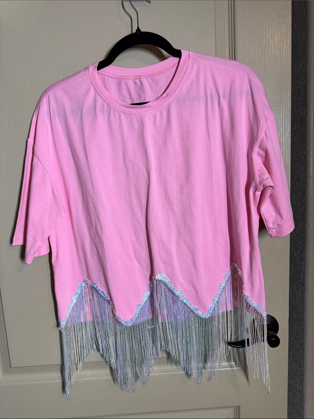 Pink Tee with Sequin Fringe Hem